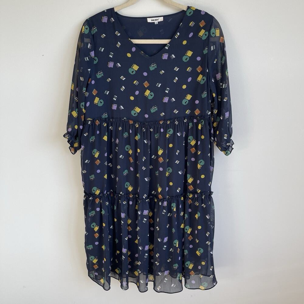Jian Ruyi 2XL Blue Printed Semi Sheer Tiered Midi Dress Sheer Puff Sleeves